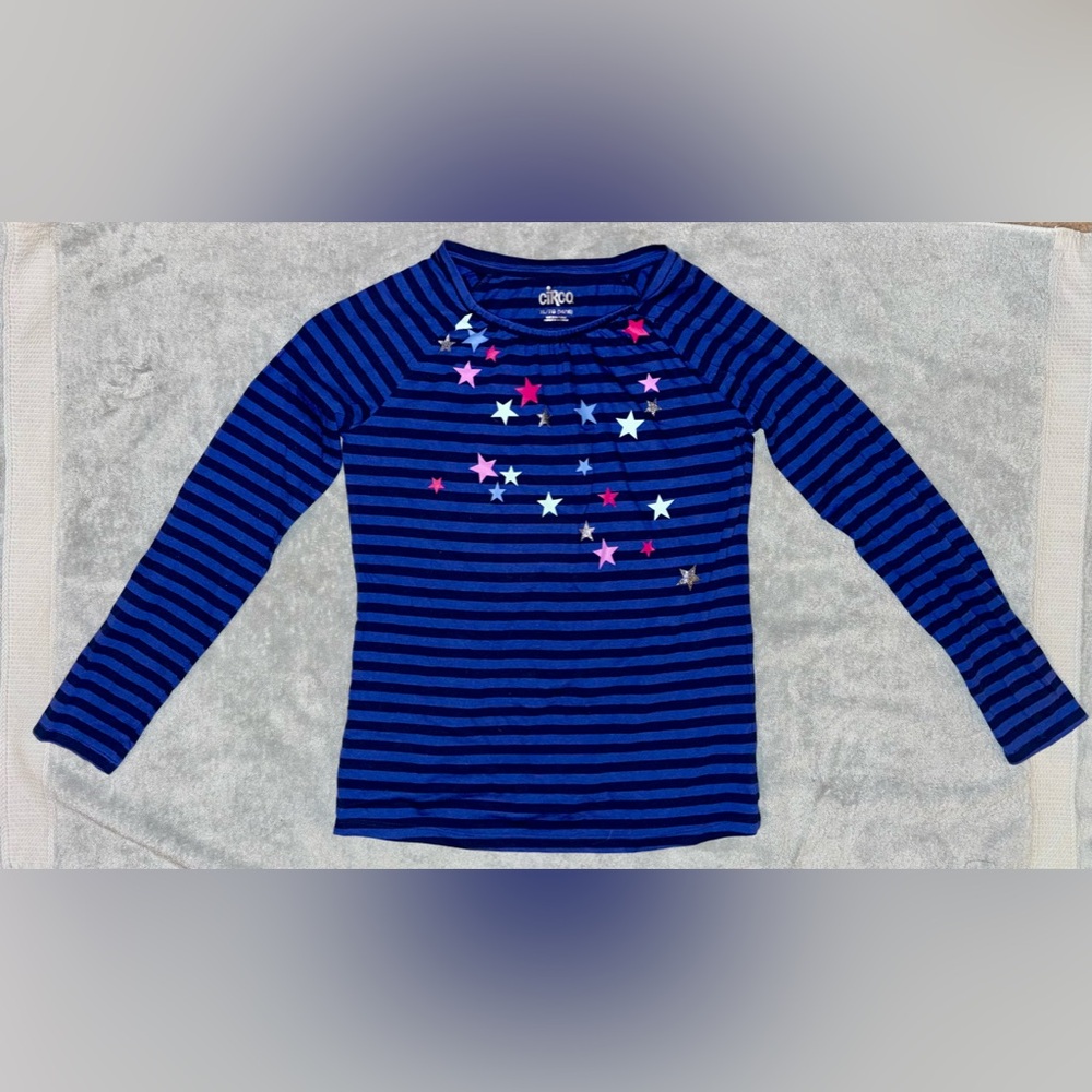 Circo Girls Blue-Black Stripe Long Sleeve Shirt with Colored Stars, size 14/16